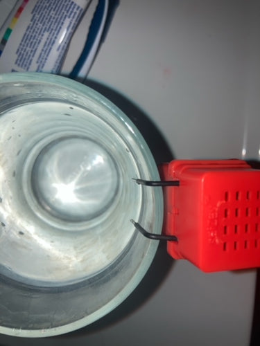 Close-up view of a glass with a metal rim at the top. Attached to the rim is a red plastic object with two black wires protruding from it. The background includes a blurred view of a tube of toothpaste and a blue object, possibly a toothbrush or another type of tube. The focus is mainly on the red plastic object and the top of the glass container.