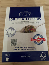 Load image into Gallery viewer, Front of box reads &quot;100 Tea Filters Medium, Finum, made in Germany, to be used with a holder&quot;
