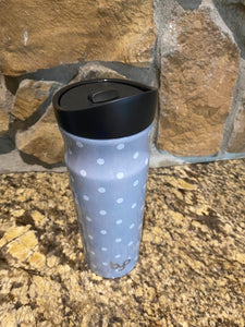 Rise Tilt Sip Lid in black with stainless steel water bottle body in gray with white polka dots. "Byo" is branded on the bottom. 