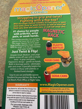Load image into Gallery viewer, The back of the magic Opener packaging, which has a lot of text and shows images of how the Opener can be used. Some of the opening text includes: &quot;Struggling to grip and twist? Fighting with a flip-top?&quot; It also says #1 choice for people with arthritis, wrist pain, or weak hands.
