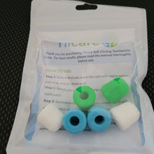 Load image into Gallery viewer, 6 pack of self closing toothpaste caps by Tilcare. Two green, two blue, two white.There are instructions on &quot;how to use&quot; inside the pack.
