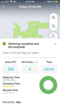 Load image into Gallery viewer, A screenshot of the user&#39;s app after the Roomba finished cleaning. It says &quot;cleaning complete and bin emptied!&quot; along with other pieces of information such as cleaning time, charging time, area covered, etc.
