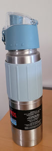 Side view of water bottle, with blue lid and a stainless steel body that has a light blue grip around it with vertical lines.