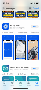 Be My Eyes app info as it appears in the Apple App Store. It says "See the World Together", "Editor's Choice" and three images that reflect the app.