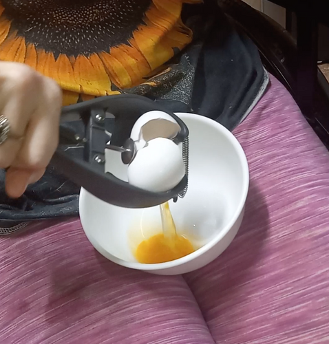 A person squeezes the handles of the gray, metal egg cracker, which breaks and separates the eggshell, allowing the yolk and whites to run down into a bowl that is sitting on their lap.