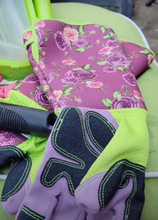 Load image into Gallery viewer, Gloves that have a long cover for arms, nearly to elbows with a pink and green rose pattern on the arm. The glove itself is purple and green with black reinforcement patches.
