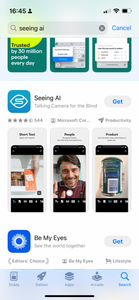 Seeing AI- Talking Camera for the Blind - listing in the app store. Beside the name and logo it says "get" 