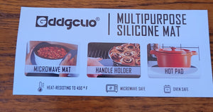 Packaging that shows three photos and describes them as "microwave mat" (for removing dishes), "handle holder" for holding or better gripping hot handles of cookware, and "hot pad" for underneath cookware. It also says heat resisting to 450 degrees F, microwave safe, and oven safe.