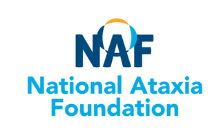 National Ataxia Foundation Logo. NAF in dark blue with a circle of four segments through the A.