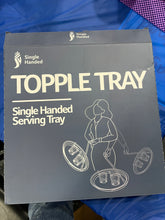 Load image into Gallery viewer, Front of box, reading &quot;Single Handed Topple Tray - Single Handed Serving Tray&quot; with an image of a person swinging a tray with glasses on it.

