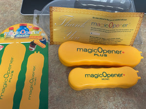 The tops of the yellow magicOpener plus and mini, with two small prongs visible on their end for opening tabs. The packaging is also displayed around the openers.