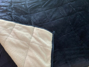 Sarah's photo of the weighted blanket, showing a dark blue blanket with square quilt-like stitching. One corner is pulled back to show a white fleecey fabric on the other side. 