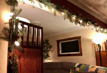 Load image into Gallery viewer, Photo of a room with string lights hanging with garland across a beam on ceiling. Two floor lamps are on, as are string lights around a plant in the corner of the room. 
