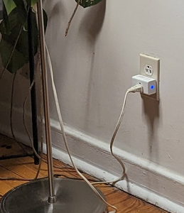 A smart plug is plugged into an outlet. A blue light is glowing on the side. A lamp is plugged into the smart plug.