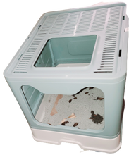 Load image into Gallery viewer, A covered litter box in very slight sea-foam green. The top of the box has slats/grates across the entire thing, except where there is a square opening for a cat to enter or exit. There are three closed walls around the box, and then on one side there is a large opening in the slight shape of a cat head. Inside there is cat poop and litter. The bottom of the box is also a tray that can be pulled out for cleaning. The side of the tray is more of an off-white color. 

