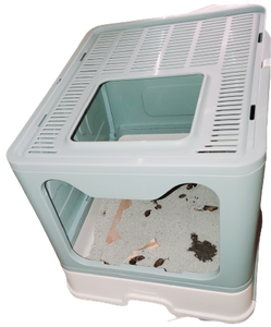 A covered litter box in very slight sea-foam green. The top of the box has slats/grates across the entire thing, except where there is a square opening for a cat to enter or exit. There are three closed walls around the box, and then on one side there is a large opening in the slight shape of a cat head. Inside there is cat poop and litter. The bottom of the box is also a tray that can be pulled out for cleaning. The side of the tray is more of an off-white color. 