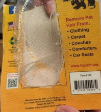 Load image into Gallery viewer, The back of the Fur-Zoff packaging. It says &quot;remove pet hair from: clothing, carpet, couches, comforters, car seats&quot;.
