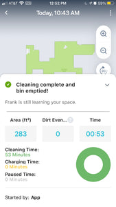 A screenshot of the user's app after the Roomba finished cleaning. It says "cleaning complete and bin emptied!" along with other pieces of information such as cleaning time, charging time, area covered, etc.